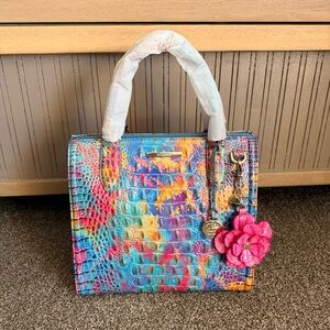 Brahmin Crush Small Caroline Satchel NWT with NWOT Pink Flower Bag Charm